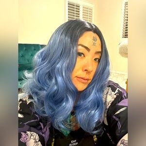 Blue ombre fade blend realistic scalp hair wig Halloween costume cosplay anime